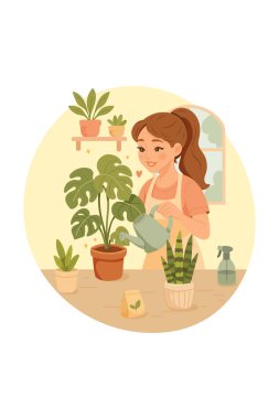 Evde çiçeklerle ilgilenen genç bir kadının düz çizimi. Kapalı alanda bahçe işleri, bitki bakımı ve hobi yaşam tarzı konsepti..