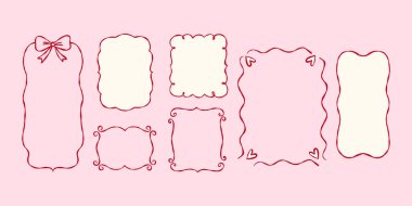 Girdap, kalp, yay ve pembe arka planda kırmızı renkli yumuşak şekilli el yapımı çerçeveler koleksiyonu