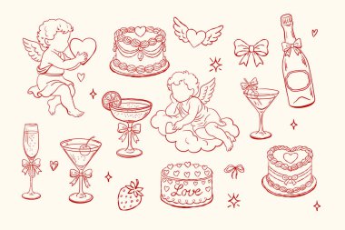 Aşk temalı projeler için kupidlerle, pastalarla, kokteyllerle, kalplerle ve fiyonklarla el çizimi kırmızı demet