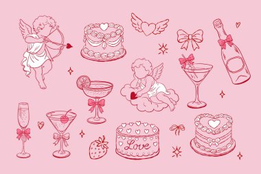 Pembe kalpler, cupidler, kokteyller, pastalar ve fiyonklardaki kırmızı çizgi çizimlerinin romantik koleksiyonu. Bekarlığa veda baskıları ve kırtasiye malzemeleri için tuhaf ve seksi bir stil..