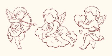 Üç aşk tanrısı illüstrasyonundan oluşan bir set. İçinde ok ve yay olan bir aşk tanrısı, bulut üzerinde yatan bir tanesi ve kalp tutan bir tanesi var. Sevgililer Günü için mükemmel. Romantik temalar, kırtasiye malzemeleri ve bekarlığa veda partisi tasarımları..