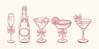 El yapımı coquette içecek ve kokteyl klipsi seti. İçinde incili şampanya bardağı, fiyonklu şişe kiraz ve zeytinli martini bardakları ve limon dilimli meyveli kokteyller var. Bekarlığa veda partisi davetiyeleri ve kırtasiye malzemeleri için mükemmel.
