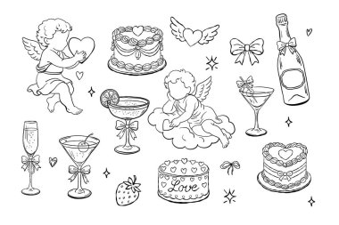 El çizimi coquette stili parti klip seti siyah beyaz. İçinde kalp kekleri, fiyonklu kokteyller, şampanya, çilek, sevimli cupidler, kurdeleler ve ışıltılar var. Bekarlığa veda davetiyeleri, kız tasarımları, gelin duşu dekoru, boyama için mükemmel.