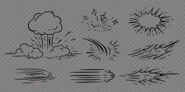 Çizgi roman karalama süper kahraman hız çizgileri patlamaları ve tasarım ve animasyon için şeffaf arkaplan üzerindeki etki