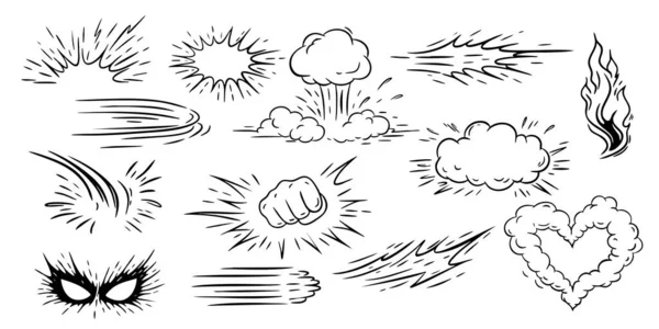 Panç patlaması, duman maskesi patlaması ve karikatür tasarım varlıkları için yangın içeren geniş bir set komik element.