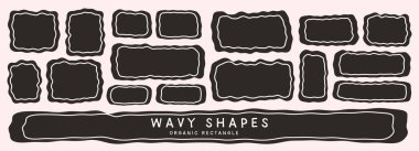 Beyaz iç hatları olan koyu siyah dalgalı dikdörtgen koleksiyonu. Tasarım, poster ya da şablon için temiz modern şekiller.