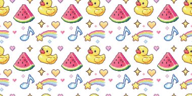 Ördek karpuz gökkuşağı notaları ve tekrarlanan düzende küçük kalplerle pikselli kawaii kusursuz desen.