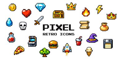 Piksel sanatı retro oyun ikonu. Altın kalp, elmas kaplama, göğüs, roket yiyecekler ve fantezi video oyunu arayüzü elementleri.