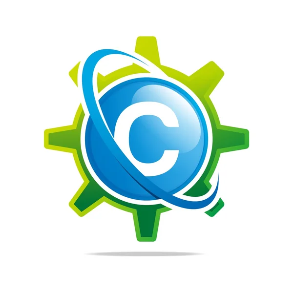 Logo cerchio globo ingranaggio lettera C blu astratto vettoriale simbolo — Vettoriale Stock