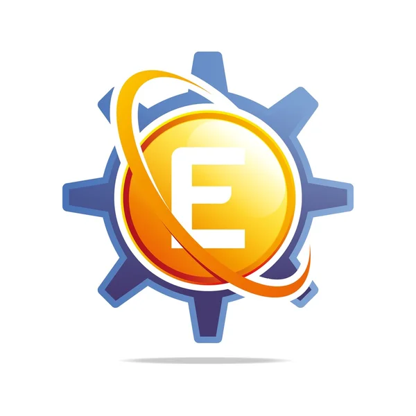 Logo Circle Globe Gear Letter E Orange Abstract Vector Symbol — Stock Vector