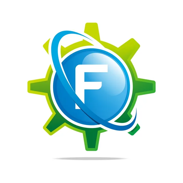 Logo Circle Globe Gear Letter F Blue Abstract Vector Symbol — 图库矢量图片