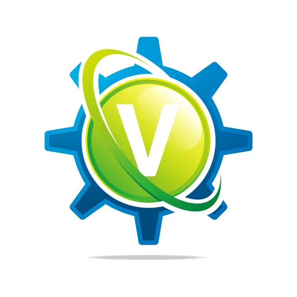 Logo Circle Globe Gear Letter V Green Abstract Vector Symbol — 图库矢量图片