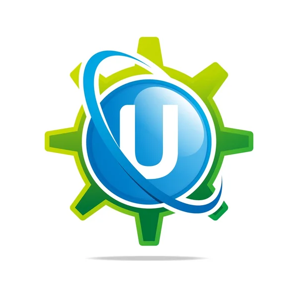 Logo cerchio globo ingranaggio lettera U blu astratto vettoriale simbolo — Vettoriale Stock