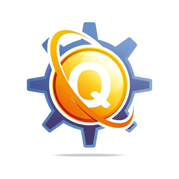 Logo Circle Globe Gear Letter Q Orange Abstract Vector Symbol — Stock Vector