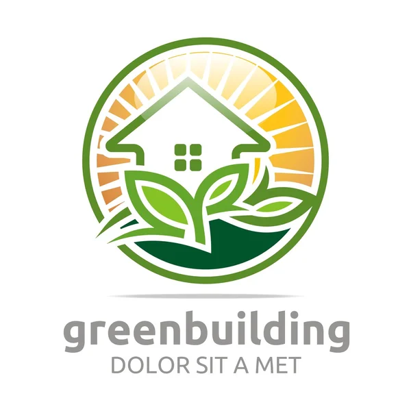 Logotipo abstrato edifício verde folhas casa símbolo vetor —  Vetores de Stock