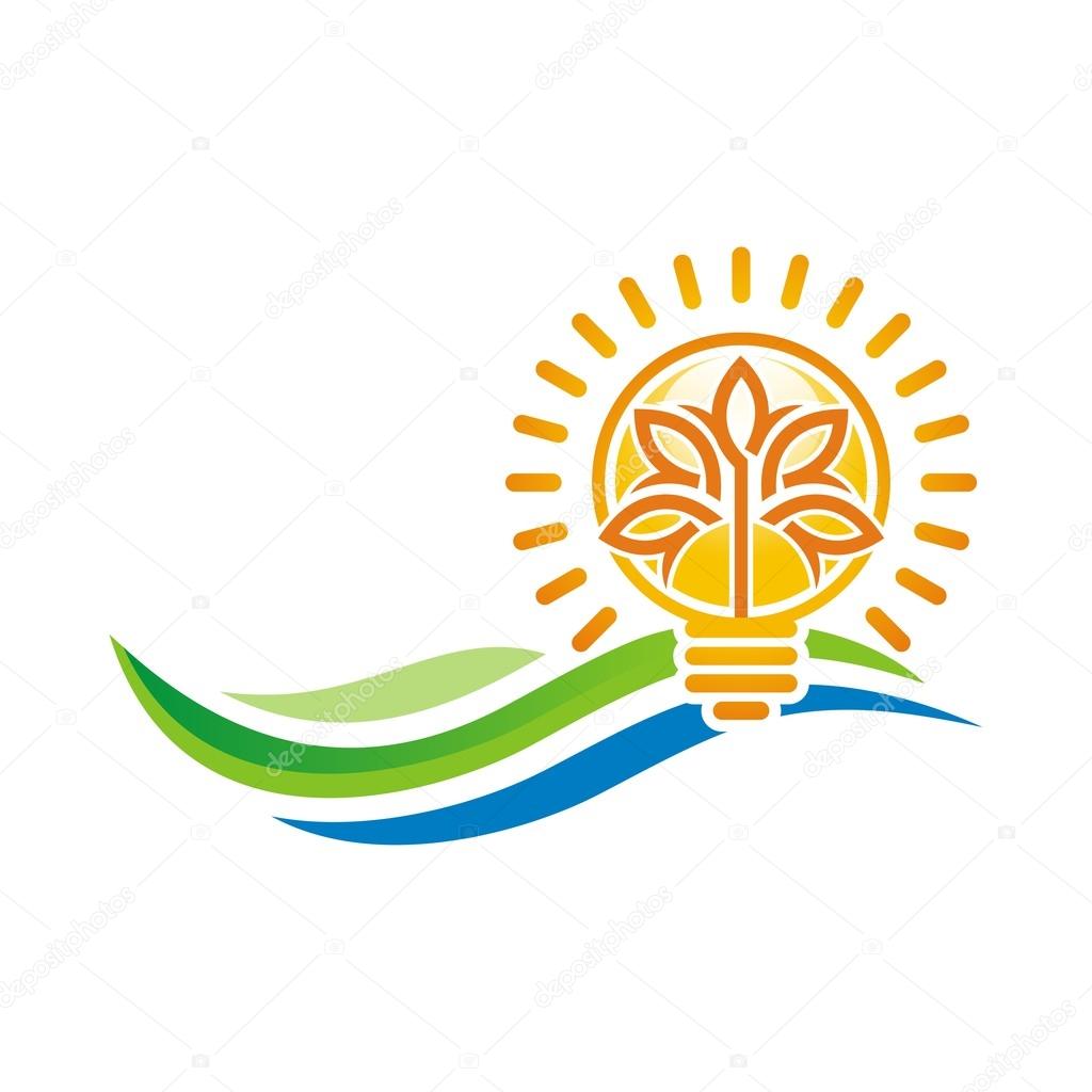 Logo idea of sunset light bulb leaves line symbol vector