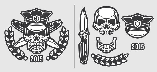 Голова полицейского черепа в шапке с эмблемой эмблемы "Перекрещенные ножи"
