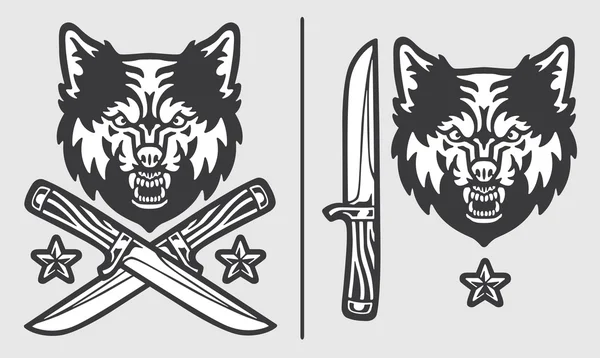 Wolf hoofd met gekruiste messen Logo embleem Vectorbeelden