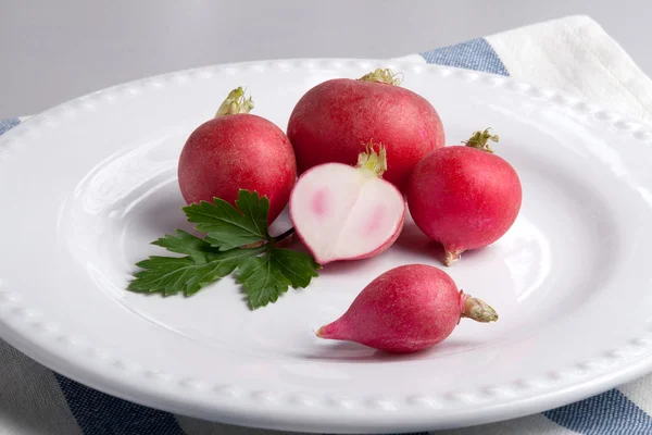 Five radishes on a white plate — Stock Photo, Image