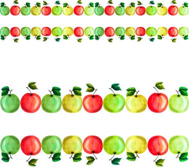 Beyaz zemin üzerinde sarı, yeşil ve kırmızı elmalar bulunan el yapımı dikişsiz suluboya meyve sınırı