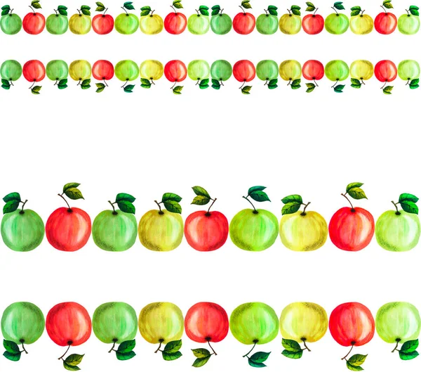 Handmade Seamless Watercolor Fruit Border Witn Yellow Green Red Apples — Stock Photo, Image