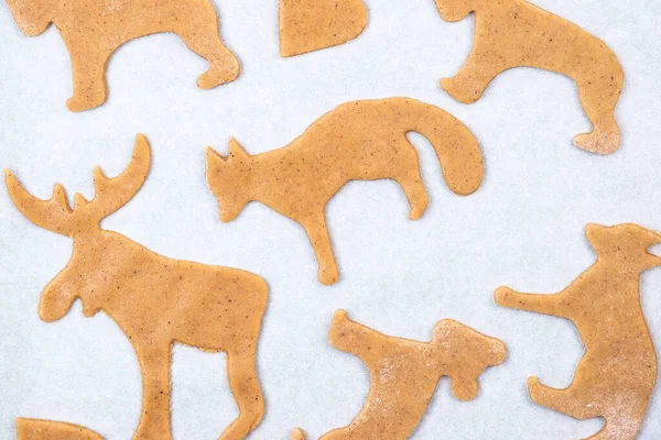 Vista superior de galletas de jengibre de Navidad de masa cruda sobre pergamino blanco bandeja para hornear. — Foto de Stock