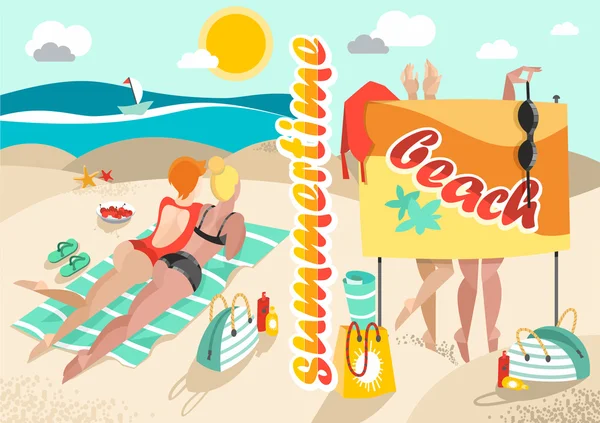 Fondo de verano con las niñas en una playa de verano, mar, vector de ilustración — Vector de stock