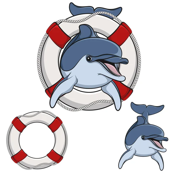 Ilustração vetorial colorida de um golfinho e uma bóia de vida — Vetor de Stock