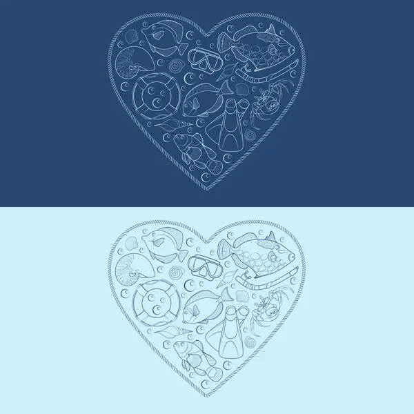 Objetos marinos en forma de corazón. Objetos vectoriales aislados — Vector de stock