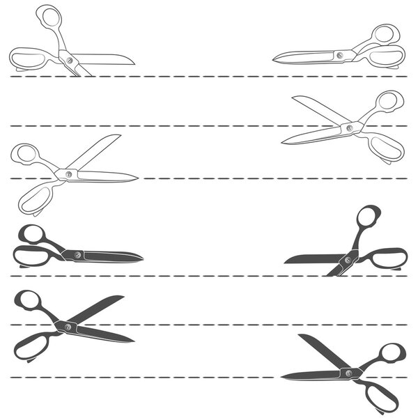 Векторный набор с ножницами для резки линии. Изолированные объекты
