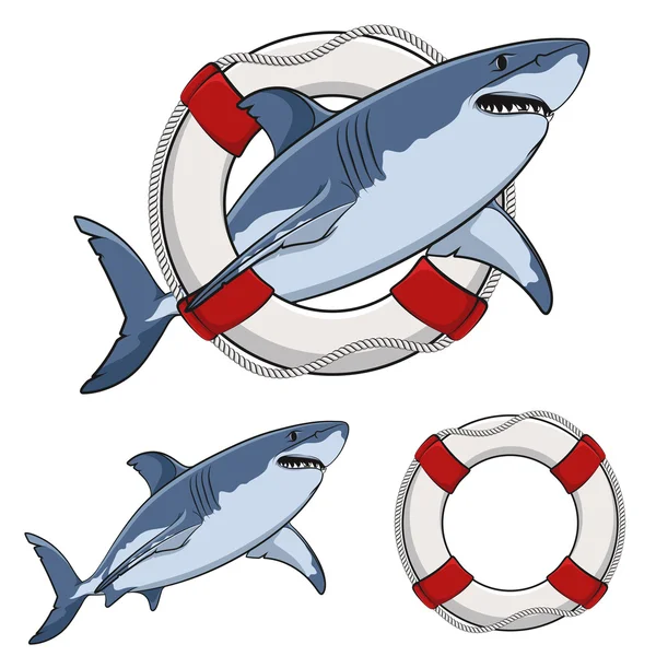 Imagen en color tiburón blanco y una boya salvavidas. Objetos aislados vectoriales — Vector de stock