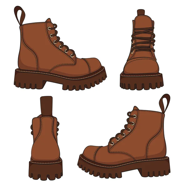 Vector set of drawings with brown boots. Isolated objects on a white — Stock Vector