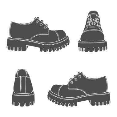 Set of black and white illustrations with boots. Isolated vector objects on white background.