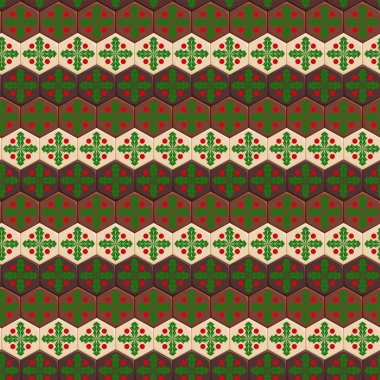 Altıgen çikolata ve ökseotlu kusursuz desenli. Renkli Noel arkaplanı.