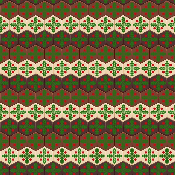 六角形のチョコレートとミステリーとシームレスなパターン カラーベクトルクリスマスの背景 — ストックベクタ
