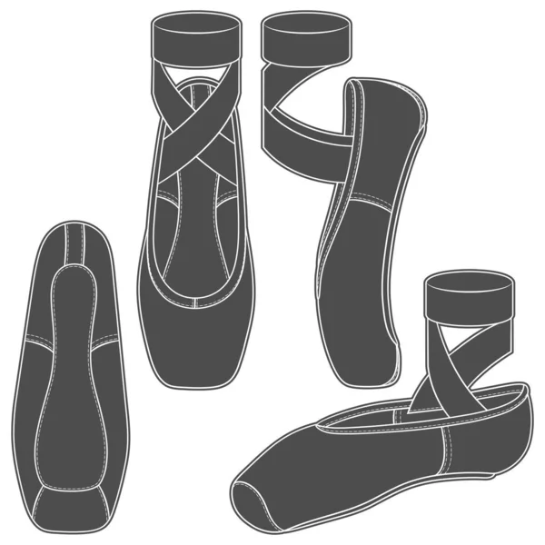 Set Van Zwart Wit Illustraties Met Puntschoenen Balletschoenen Geïsoleerde Vectorobjecten — Stockvector