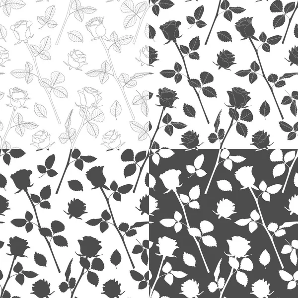 Ensemble Motifs Sans Couture Noir Blanc Avec Des Fleurs Des — Image vectorielle