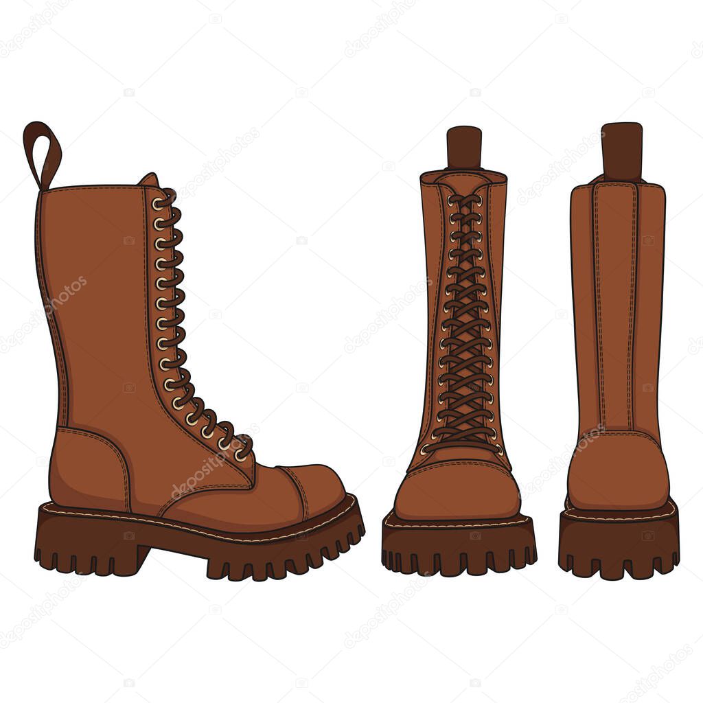 Set of color illustrations with brown boots, high boots with laces. Isolated vector objects on white background.