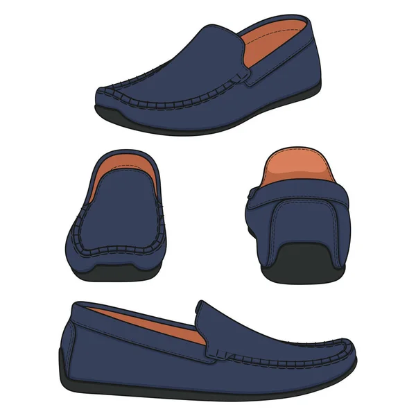 Set Ilustraciones Con Zapatos Mocasines Denim Azul Objetos Vectoriales Aislados — Archivo Imágenes Vectoriales