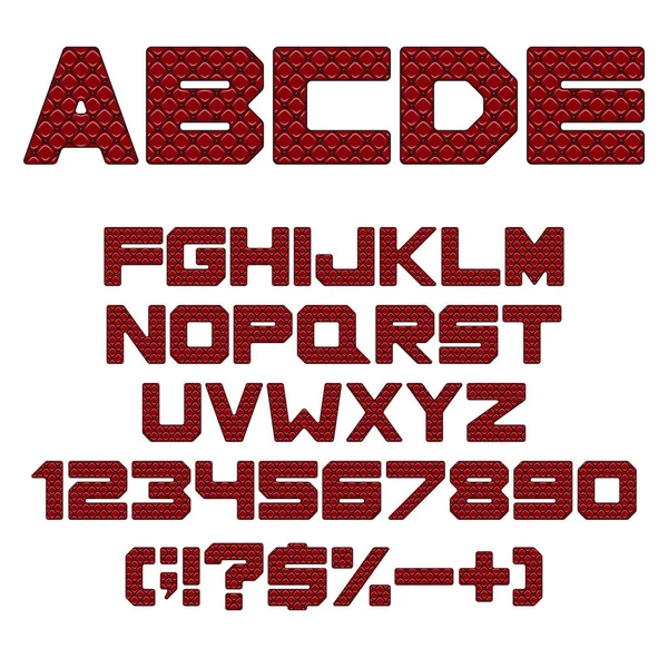 Alphabet Lettres Chiffres Signes Avec Une Texture Revêtement Cuir Rouge — Image vectorielle