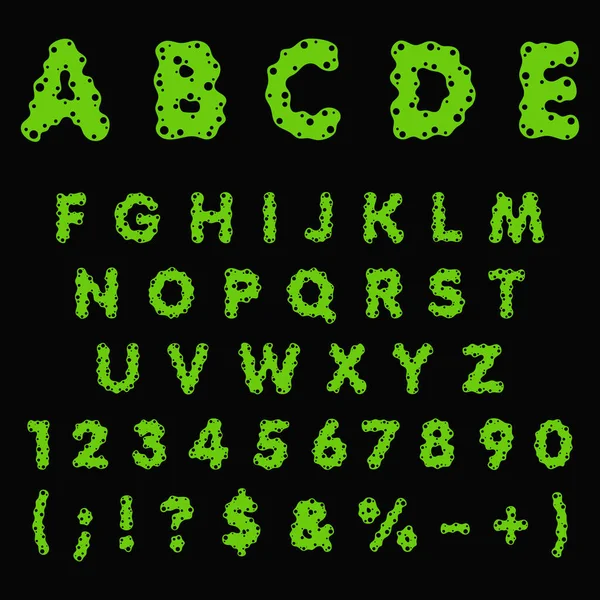 Alfabetet Bokstäver Siffror Och Tecken Grön Slem Vätska Isolerade Färgade — Stock vektor