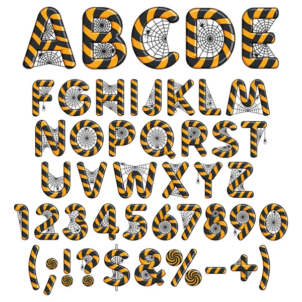 Halloween Alphabet Buchstaben Zahlen Und Zeichen Aus Bonbons Mit Spinnweben — Stockvektor