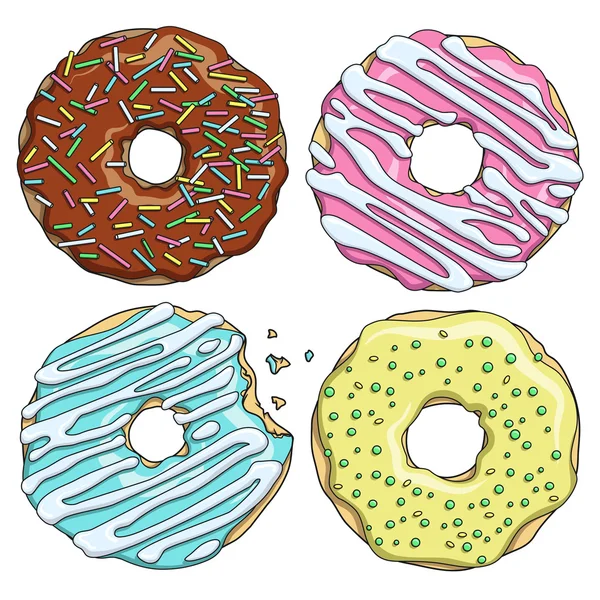 Conjunto de desenhos animados coloridos saborosos donuts no fundo branco . —  Vetores de Stock