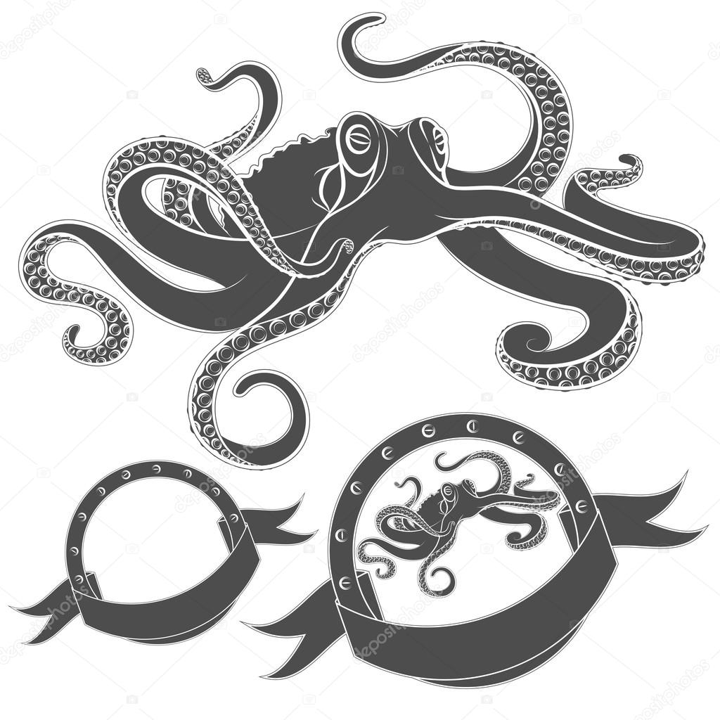 Set of vector images with octopus. Isolated objects on a white background.
