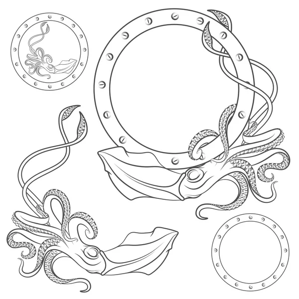 Set van zwart-wit illustraties met inktvis op een witte achtergrond — Stockvector