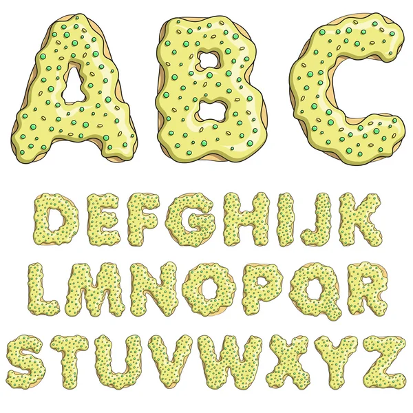 Alphabet-Cartoon-Buchstaben Schrift süßen Donut-Stil mit Süßigkeiten — Stockvektor