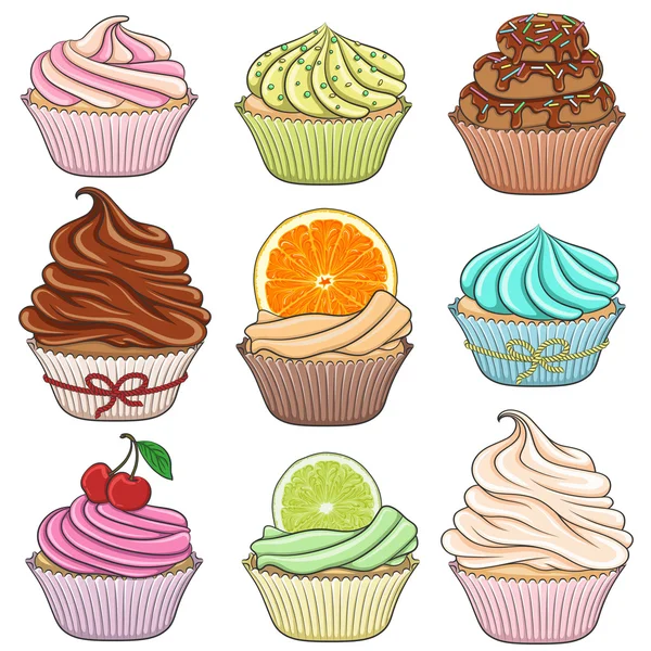 Reihe von farbigen Illustrationen Cupcakes. isolierte Objekte auf weißem Hintergrund — Stockvektor