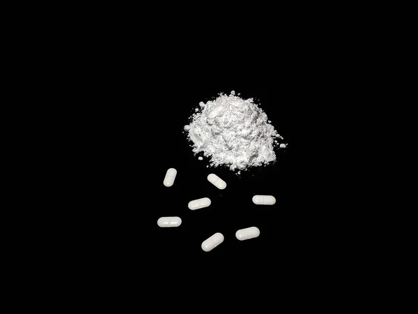 Cocaine Drug Powder Pills Black Background — Stock Photo, Image