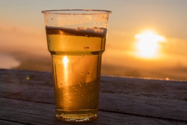 disposable plastic cup of beer in the rays of the rising sun