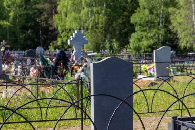 gravestone close-up on the background of a cemetery and a forest
